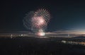 Celebration for Deepawali, New Year or event Festival. Fire Cracker in sky with aerial city view Royalty Free Stock Photo