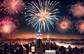 Celebration for Deepawali, New Year or event Festival. Fire Cracker in sky with aerial city view Royalty Free Stock Photo