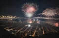 Celebration for Deepawali, New Year or event Festival. Fire Cracker in sky with aerial city view Royalty Free Stock Photo