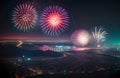 Celebration for Deepawali, New Year or event Festival. Fire Cracker in sky with aerial city view Royalty Free Stock Photo