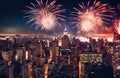 Celebration for Deepawali, New Year or event Festival. Fire Cracker in sky with aerial city view Royalty Free Stock Photo