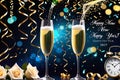 Celebration Elegance: Champagne Glasses Clinking in a Toast with Effervescent Bubbles and the Midnight Clock Striking Royalty Free Stock Photo