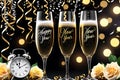 Celebration Elegance: Champagne Glasses Clinking in a Toast with Effervescent Bubbles and the Midnight Clock Striking Royalty Free Stock Photo