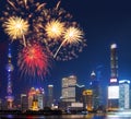 celebration fireworks china nation day celebrate night in Shanghai city and light from modern city skyscrapers and reflection of Royalty Free Stock Photo