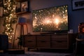 celebration fireworks on tv, big plasma in the house Generative AI Royalty Free Stock Photo
