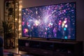 celebration fireworks on tv, big plasma in the house Generative AI Royalty Free Stock Photo