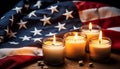 Celebration of freedom American flag burning, candle illuminates patriotism generated by AI