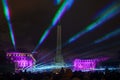 Celebration at Freedom Monument in Riga, Latvia with Colorful Lights