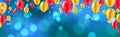 Celebration. glossy golden and red balloons with Dark blue holiday background with colorful shining bokeh and serpentine Royalty Free Stock Photo