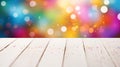 Celebration Glow: White Wood Background with Vivid Colors Bokeh