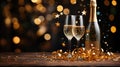 Celebration With Golden Champagne Bottle Confetti Stars and Party Streamers Blurry Background Royalty Free Stock Photo