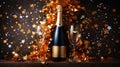 Celebration With Golden Champagne Bottle Confetti Stars and Party Streamers Blurry Background Royalty Free Stock Photo