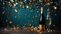 Celebration With Golden Champagne Bottle Confetti Stars and Party Streamers Blurry Background Royalty Free Stock Photo