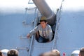 Almaty / Kazakhstan - 05.09.2019: A child plays in a dummy tank on the day of the great Victory on may 9