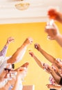 Celebration. Hands holding the glasses of champagne and wine making a toast Royalty Free Stock Photo