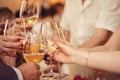 Celebration. Hands holding the glasses of champagne and wine making a toast. Royalty Free Stock Photo