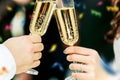 Celebration. Hands holding the glasses of champagne and wine making a toast. Royalty Free Stock Photo