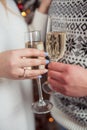 Celebration. Hands holding the glasses of champagne and wine making a toast. The party, wedding, celebration, alcohol, lifestyle, Royalty Free Stock Photo