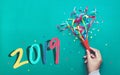 2019 Celebration happy new year concepts ideas with hand holding colorful confett