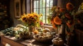 celebration harvest abundance pumpkin flower arrangements on the table in a cozy country room. Generative AI,