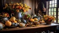 celebration harvest abundance pumpkin flower arrangements on the table in a cozy country room. Generative AI,