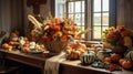 celebration harvest abundance pumpkin flower arrangements on the table in a cozy country room. Generative AI,