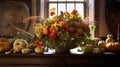 celebration harvest abundance pumpkin flower arrangements on the table in a cozy country room. Generative AI,