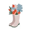 Celebration of harvesting. Print in the Scandinavian style. Autumn leaves, berries, apples, pears in rubber boots.