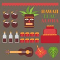 Celebration on hawaii island, Luau party elements. Exotic vacation, summer weekend, hawaiian flowers, tiki mask, ukulele guitar,