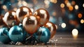Celebration with Helium Balloons Gifts Gold and Blue Sparkie Lights Background Selective Focus