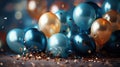 Celebration with Helium Balloons Gifts Gold and Blue Sparkie Lights Background Selective Focus