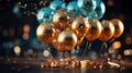 Celebration with Helium Balloons Gifts Gold and Blue Sparkie Lights Background Selective Focus