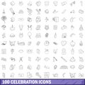 100 celebration icons set, outline style