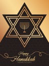 Celebration illustration with golden text Happy Hanukkah, chandelier and star of David on the brown textured background