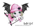Celebration illustration. Watercolor ballet girl with bat wings. Small witch. Teenager. Halloween horror party. Have fun