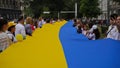 Celebration of Independence Day of Ukraine,National Flag Day,Constitution Day.People unfurled huge blue-yellow flag on August 24.