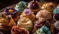 Celebration of indulgence: gourmet cupcakes with ornate decorations and fresh flowers generated by AI Royalty Free Stock Photo