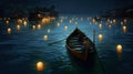 celebration lantern water light boat night travel festival lamp river. Generative AI. Royalty Free Stock Photo