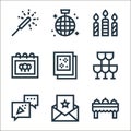 celebration line icons. linear set. quality vector line set such as buffet, invitation, party, glasses, photos, party, candles,