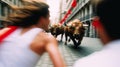 Couple running of the bulls at street fest Encierros of San Fermin in Pamplona, Spain. Generative ai