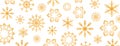 Celebration long banner with gold snowflakes. Christmas and New Year background. Golden snowflake border with different