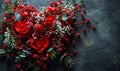 Celebration of Love: Heart of Flowers and Red Roses, Romantic Emblem, with Elegant Bouquet of Flowers and Red Roses on a Dark Royalty Free Stock Photo