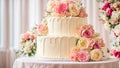 celebration multi-tiered cream holiday cake, flowers bridal table elegant decoration setting Royalty Free Stock Photo