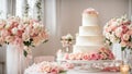 celebration multi-tiered tasty holiday cake, flowers bridal table elegant decoration setting Royalty Free Stock Photo