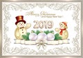 Happy New Year 2019. Greeting card with snowmen and Christmas decoration. Vector illustration Royalty Free Stock Photo