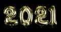 Celebration of New Year 2021 made from golden Number Balloons isolated in black background.