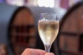 Celebration, night club with party lights and glass of champagne sparkling wine, dancing with wine, wedding event