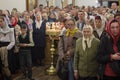 Celebration of Orthodox Easter.Crowd of people in church.Believers