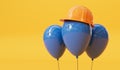 Celebration party balloon wearing a yellow construction hard hat. labor day background. 3D Rendering