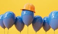 Celebration party balloon wearing a yellow construction hard hat. labor day background. 3D Rendering